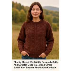 Vintage Brown Wool Silk Cable Knit Sweater MacGordon Made in Scotland L